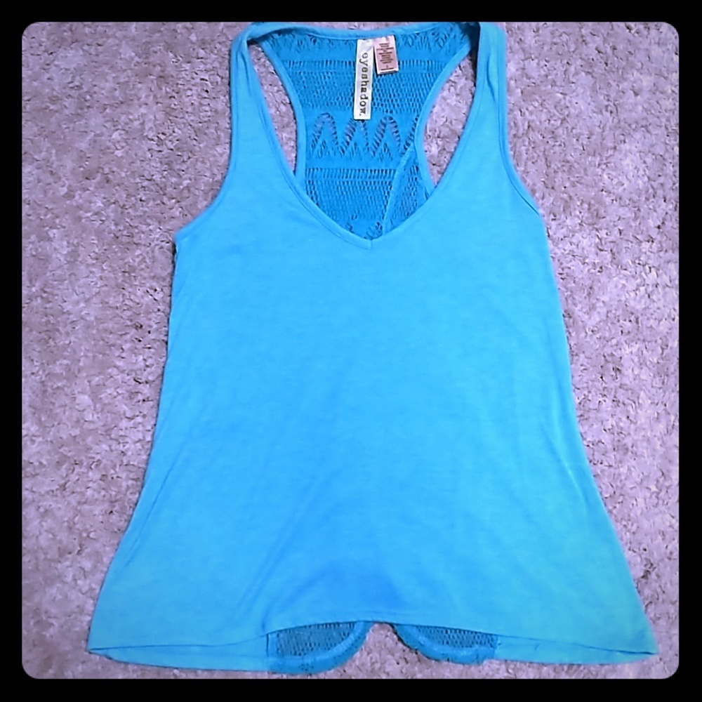 Blue open back, lace tank top size small
